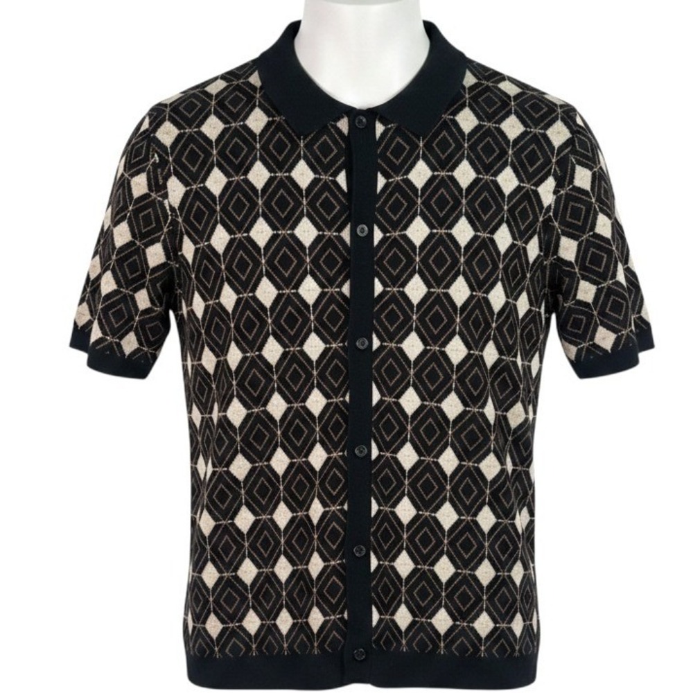 Truth By Republic Knit Polo Shirt Mens Large Black Argyle Button Down 1120